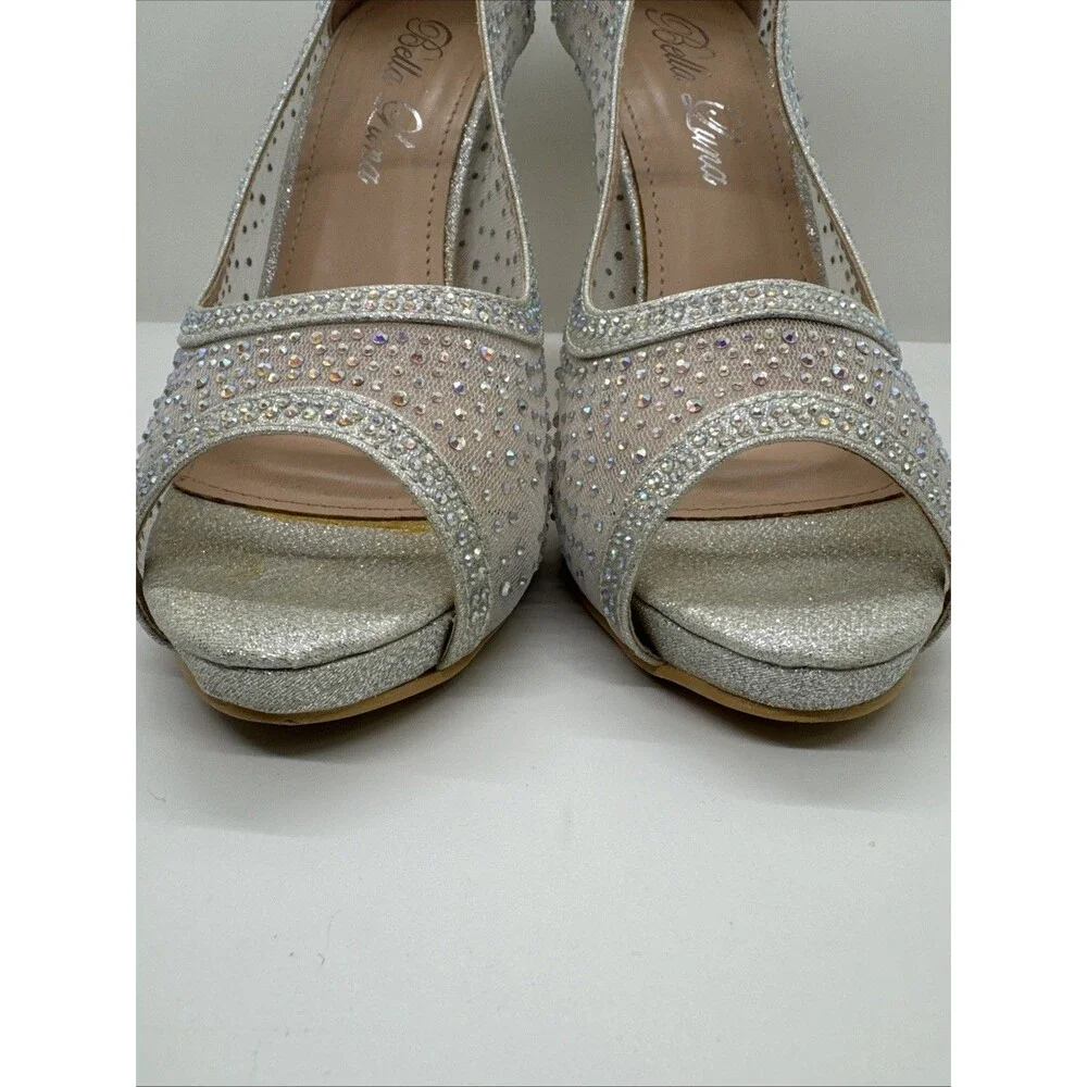 Bella Luna Silver Mesh Jeweled Heel Stiletto narrow Open Toe Shoes Size 7.5
